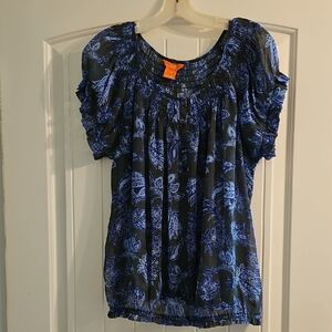 Joe Fresh Blue and Olive Peasant Floral Blouse Large